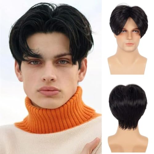 Siudus Herren Schwarze Kurze Perücke Layered Gerade Mittelteil Haar Perücke Natürliche Synthetische Faser Perücke für den täglichen Gebrauch von Siudus