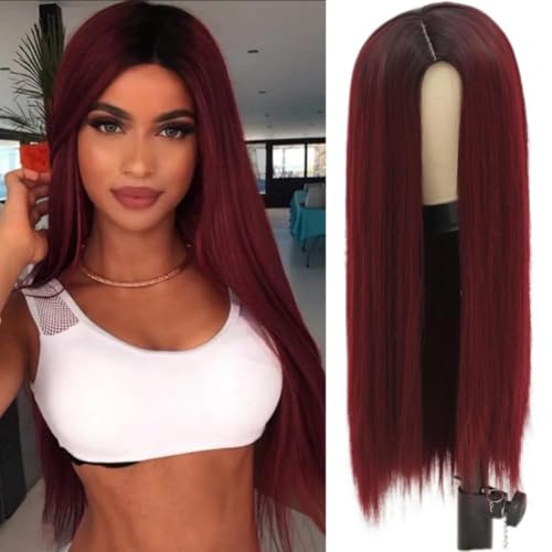 Siudus Rot Lang Gerad Perücke für Damen Dunkle Wurzeln Burgunder Perücken Halloween Tägliche Synthetische Haar Perücke von Siudus
