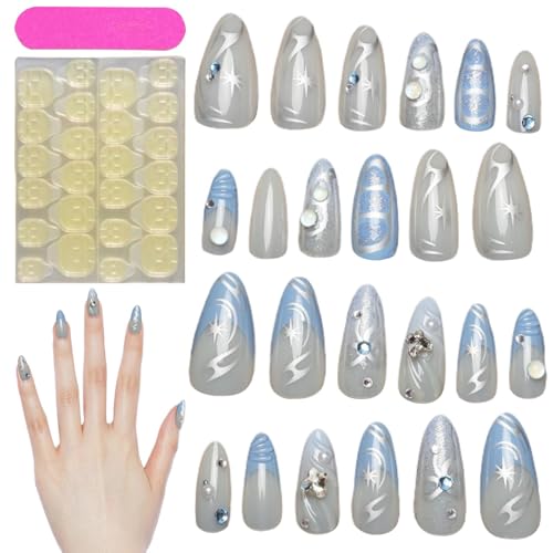 24 Stück Press On Nails Blaue Mandel French Künstliche Nägel Mit French Tip, Kunstnägel Nägel Zum Aufkleben, Fingernägel Fake Nails Für Frauen Und Mädchen von Siuwddee