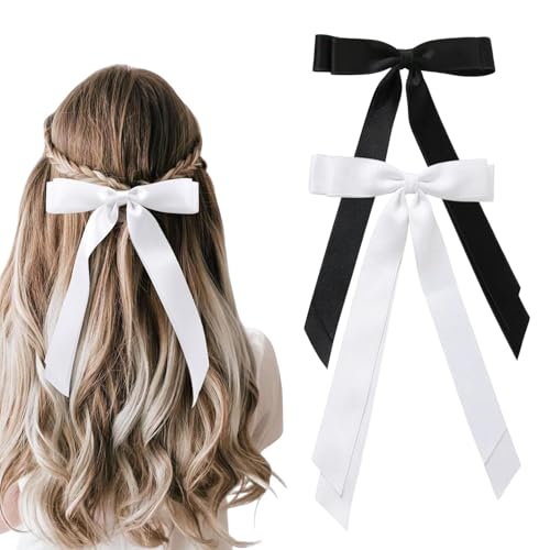 Sivono Krawatte für damen,Fliegen,Haarschleife Clips,Schleife Haarspangen Bindegürtel Damen-Fliege mit langem Für Damen-Uniform oder Cosplay, T-Shirt-Zubehör(schwarz,weiß,Size:20 * 15CM) von Sivono