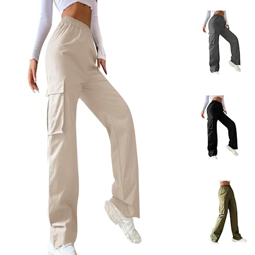 Damen Cargo Hose Straight Sweathose Elastische Bund Capri Hosen Schlaghose Sport Jogginghose Streatwear Taschen Fallschirmhosen Teenager Baggy Parachute Hose Y2K Lose Track Pants Breites Bein von Siweiy