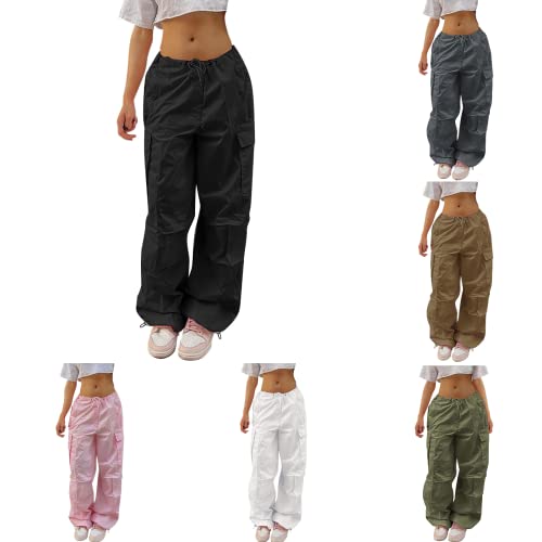 Damen Cargo Hose Straight Sweathose Elastische Bund Capri Hosen Schlaghose Sport Jogginghose Streatwear Taschen Fallschirmhosen Teenager Baggy Parachute Hose Y2K Lose Track Pants Breites Bein von Siweiy