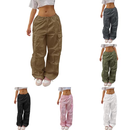 Damen Cargo Hose Straight Sweathose Elastische Bund Capri Hosen Schlaghose Sport Jogginghose Streatwear Taschen Fallschirmhosen Teenager Baggy Parachute Hose Y2K Lose Track Pants Breites Bein von Siweiy