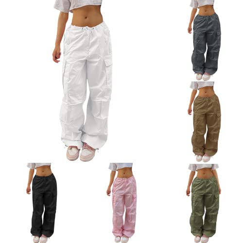 Damen Cargo Hose Straight Sweathose Elastische Bund Capri Hosen Schlaghose Sport Jogginghose Streatwear Taschen Fallschirmhosen Teenager Baggy Parachute Hose Y2K Lose Track Pants Breites Bein von Siweiy