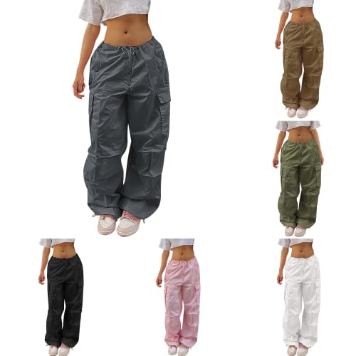 Damen Cargo Hose Straight Sweathose Elastische Bund Capri Hosen Schlaghose Sport Jogginghose Streatwear Taschen Fallschirmhosen Teenager Baggy Parachute Hose Y2K Lose Track Pants Breites Bein von Siweiy