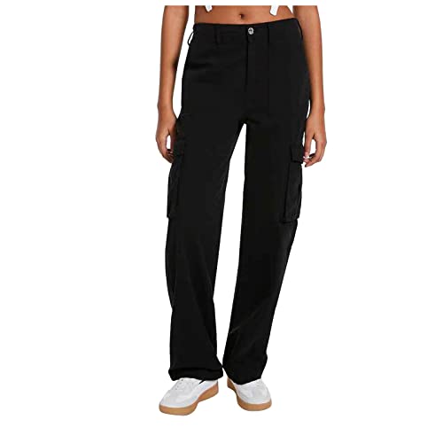 Damen Cargo Hose Straight Sweathose Elastische Bund Capri Hosen Schlaghose Sport Jogginghose Streatwear Taschen Fallschirmhosen Teenager Baggy Parachute Hose Y2K Lose Track Pants Breites Bein von Siweiy