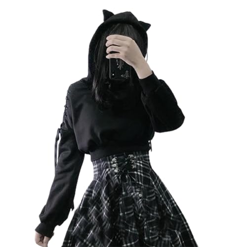 Hoodie Damen Katzenpullover Sweatshirt Gothic Kleidung Langarm Kapuzenpullover Cat Ear Pullover Einfarbig Kawaii Clothes Cosplay Anime Hoody mit Kapuze Halloween Hollow Out Tops Bluse von Siweiy