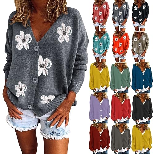 Siweiy Damen Warmer Pullover Oberteile Mantel Cardigans Gänseblümchen Druck Langarm Sweatshirt V-Ausschnitt Kurzer Eleganter Pullover Oberteil Broschen (01-8-Grey, M) von Siweiy