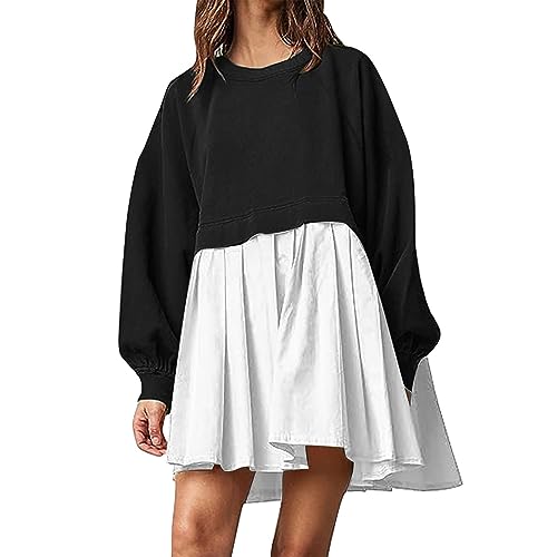 Sweatshirt Damen Mini Kleid Pullover Einfarbig Lässig Sweatkleid Rundhals Lose Langarmshirt Ohne Kapuze Pulli Oversize Longsleeve Oberteil Tops Unregelmäßig Faltenrock Spleißen Kleid von Siweiy