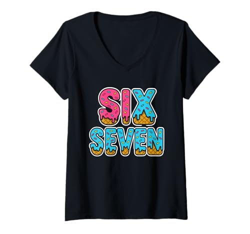 Damen Six Seven Ice Cream Drip 67 Gen Alpha Slang T-Shirt mit V-Ausschnitt Damen Six Seven Ice Cream Drip 67 Gen Alpha Slang T-Shirt mit V-Ausschnitt von Six Seven Ice Cream Drip 67 Gen Alpha Slang