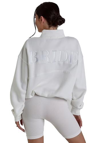 Bride Sweat Quarter Zip Bride Zip Sweater Wedding Morning Outfit Bride Embroidered Zip Sweat, White, Weiss/opulenter Garten, XXL von Six Stories