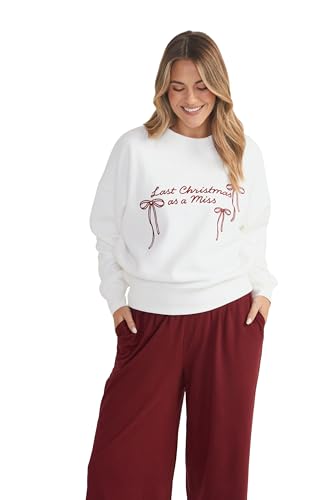 Last Christmas As a Miss Sweatshirt Oversized Fit Weiß mit roter Stickerei Soft-Touch Brushed Fleece, Weiss/opulenter Garten, M von Six Stories