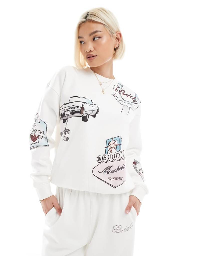 Six Stories - Bridal - Braut-Sweatshirt in Elfenbein mit Heirat in Vegas-Grafikprints-Weiß von Six Stories