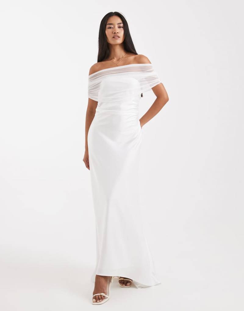 Six Stories Bridal - Schulterfreies Maxikleid aus Netzstoff in Weiß mit nach hinten abfallendem Saum Six Stories Bridal - Schulterfreies Maxikleid aus Netzstoff in Weiß mit nach hinten abfallendem Saum von Six Stories