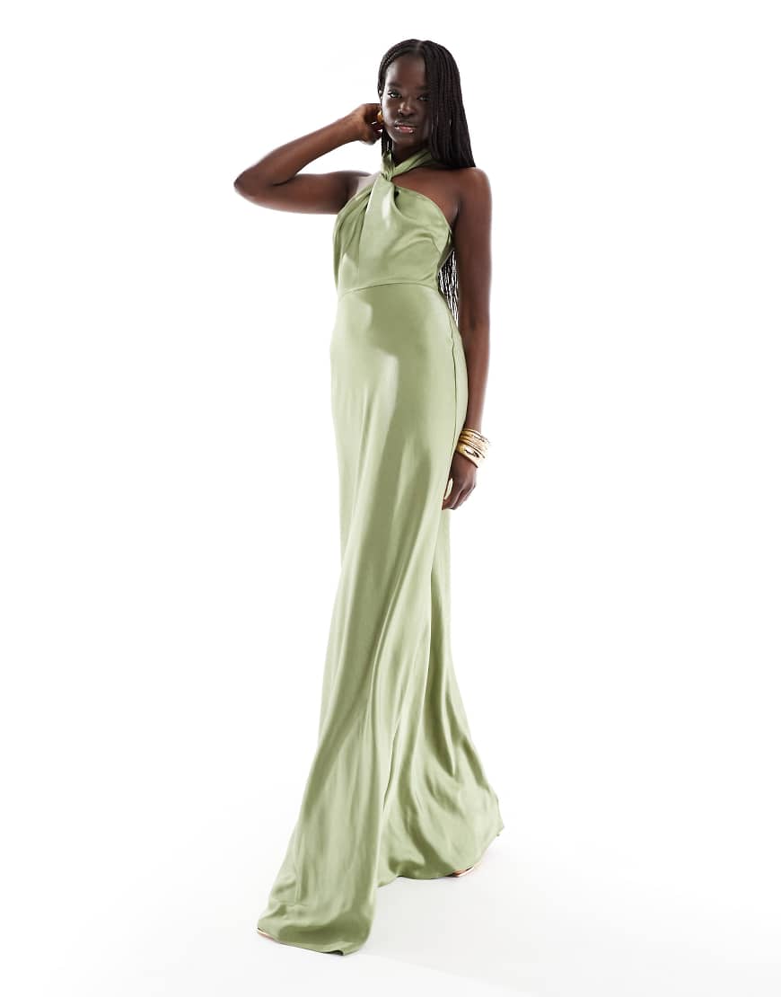 Six Stories - Bridesmaid - Brautjungfern-Maxikleid aus Satin in Moosgrün mit Neckholder von Six Stories