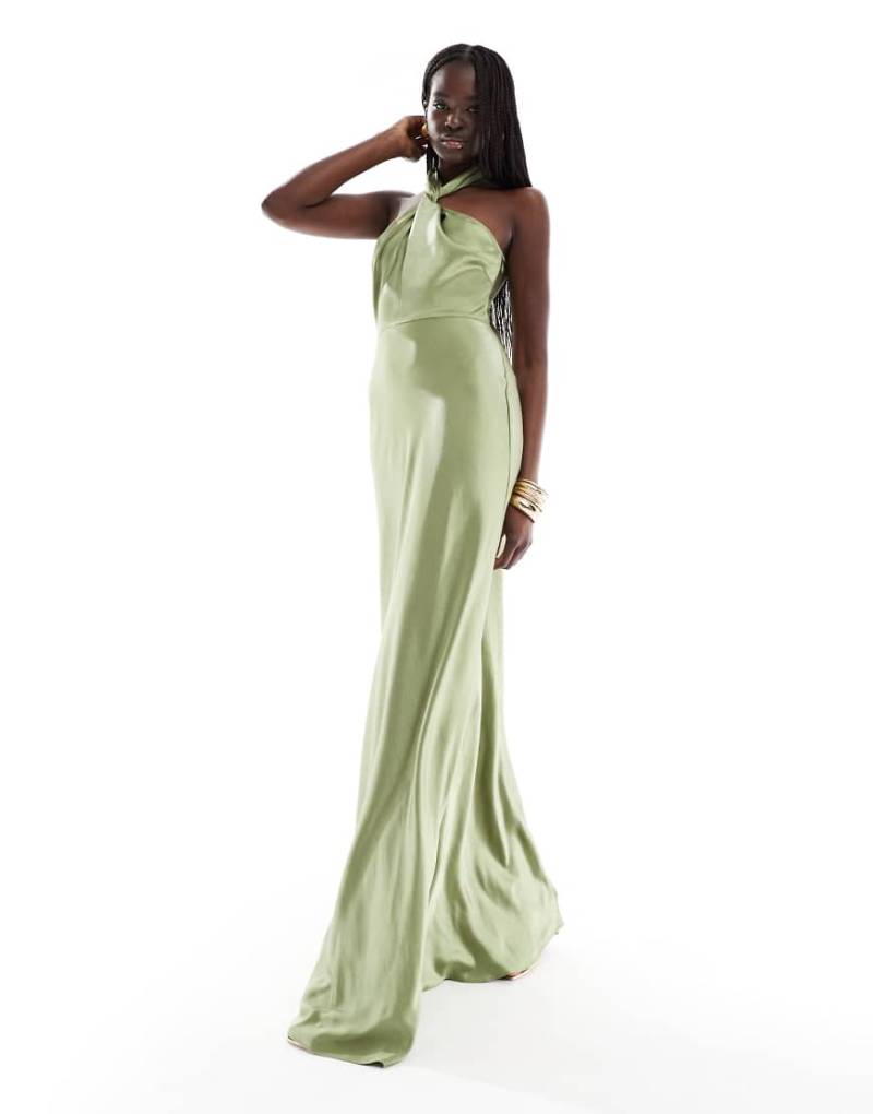 Six Stories - Bridesmaid - Brautjungfern-Maxikleid aus Satin in Moosgrün mit Neckholder von Six Stories