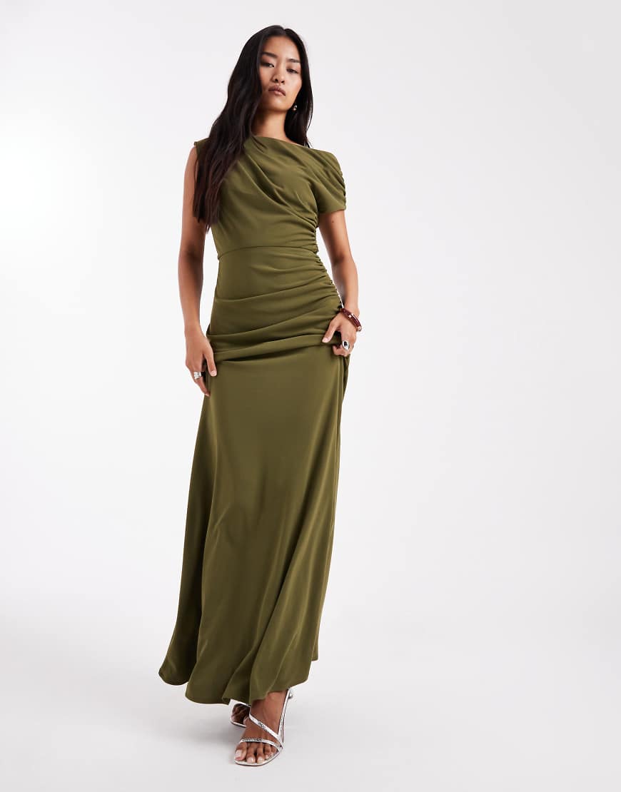 Six Stories - Bridesmaids - Brautjungfern-Maxikleid in Grün mit Raffung, asymmetrischem Schulterdetail und Stretchanteil von Six Stories