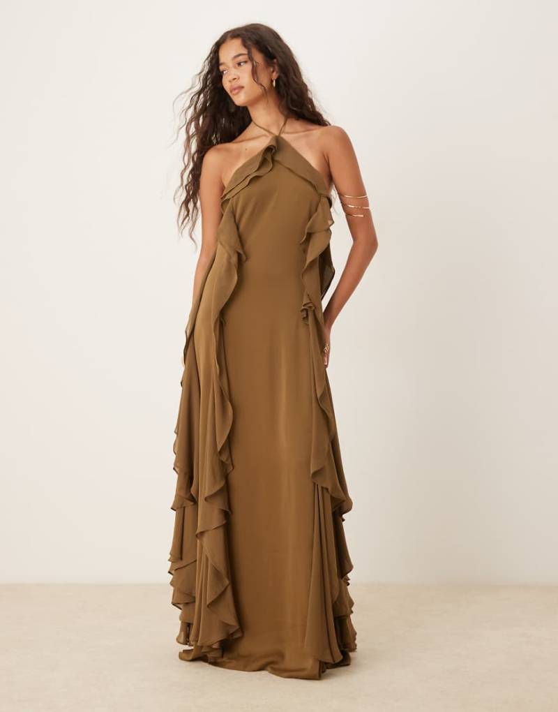 Six Stories - Neckholder-Maxikleid in dunklem Olivgrün mir Rüschen von Six Stories