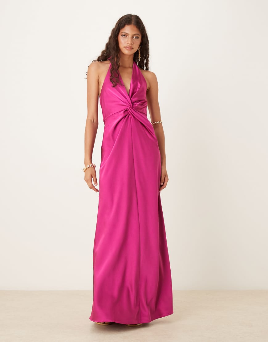 Six Stories - Satin-Maxikleid in Fuchsia mit Twist-Front-Rosa von Six Stories