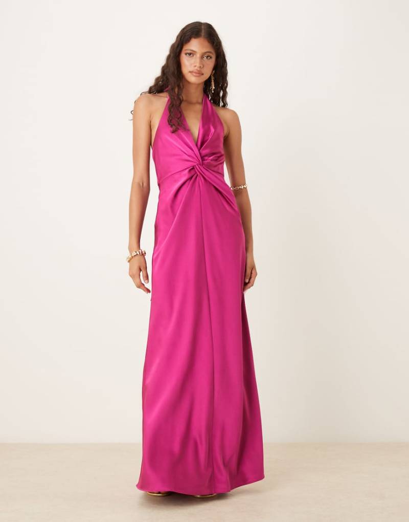 Six Stories - Satin-Maxikleid in Fuchsia mit Twist-Front-Rosa von Six Stories