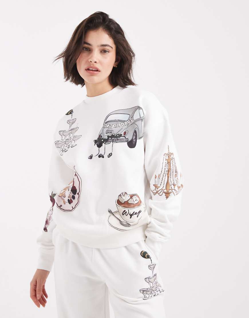 Six Stories - Sweatshirt in Weiß mit Winterhochzeit-Grafikmotiven, Kombiteil von Six Stories