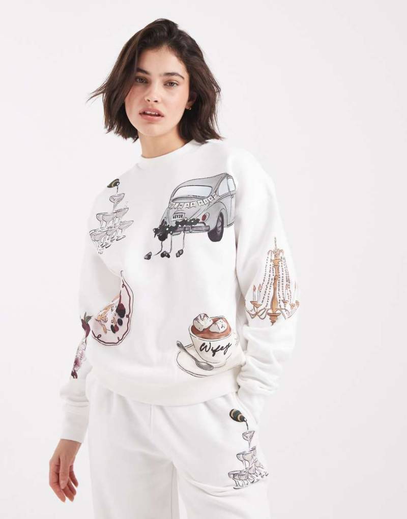 Six Stories - Sweatshirt in Weiß mit Winterhochzeit-Grafikmotiven, Kombiteil von Six Stories