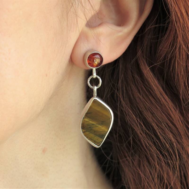 Tigerauge & Bernstein Silber Ohrringe, Handgefertigter Schmuck Tigerauge & Bernstein Silber Ohrringe, Handgefertigter Schmuck von SixLeChat