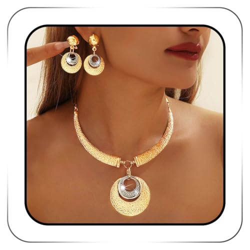 Sixexey Afrikanische Halskette und Ohrringe, goldfarbener runder Halsband, grobes Halsketten-Set, Afrika, Festival, Kostümschmuck für Damen von Sixexey