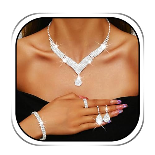 Sixexey Hochzeitsschmuck-Set, Silber-Strass-Schmuck, Brautschmuck, Abschlussball, Schmuck-Set für Damen von Sixexey