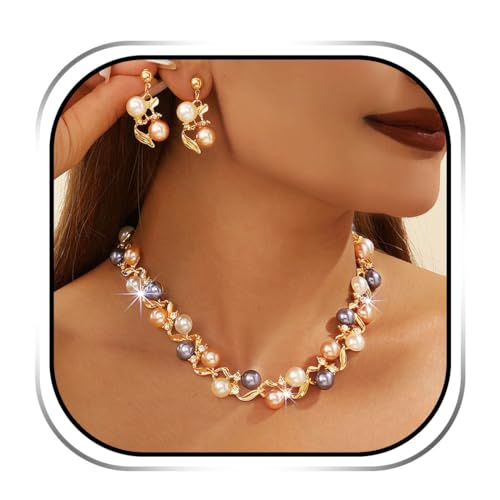 Sixexey Perlenkette und Ohrringe, goldfarben, Strass, Perlenschmuck, Abschlussball, Kostüm, Halsschmuck, Zubehör für Damen von Sixexey