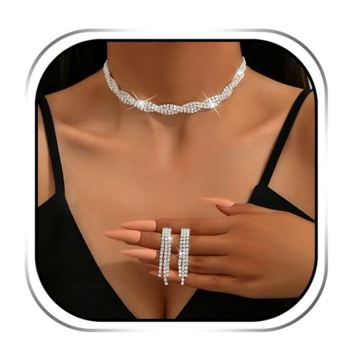 Sixexey Silberschmuck-Set, glitzernde Strass-Halskette, Hochzeit, Abschlussball, Schmuck für Damen von Sixexey