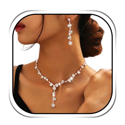 Sixexey Strass-Kristall-Schmuck-Set, Roségold, Hochzeit, Brautschmuck, Halskette, Abschlussball, Party, Halskette, Ohrringe, Schmuck-Set für Damen von Sixexey