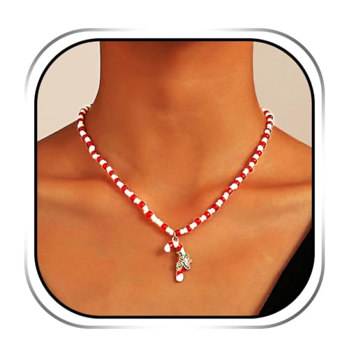 Sixexey Weihnachtliche Zuckerstangen-Halskette, Perlen-Halskette, Weihnachtsfeiertags-Halskette, Schmuck für Frauen von Sixexey