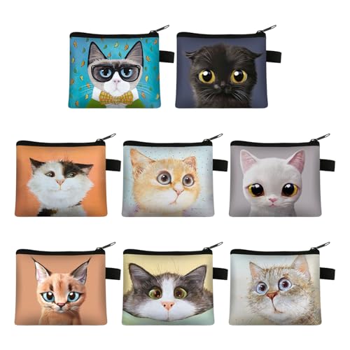 Sixfolo 8 Stück Mini Geldbeutel Täschchen Katzen Münzbeutel Klein Mini Geldbörse Damen Kinder Tragbare Kleine Portemonnaie mit Reißverschluss und Muster für Münzen Karten Schlüssel(8 Stile) von Sixfolo