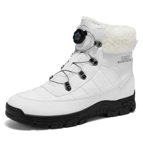 Sixfox Herren Winterschuhe Winterstiefel Warme Wanderschuhe Schneestiefel Damen Baumwollschuhe Rutschfeste Warme High-Top Drehknopfstiefel Weiß46EU von Sixfox