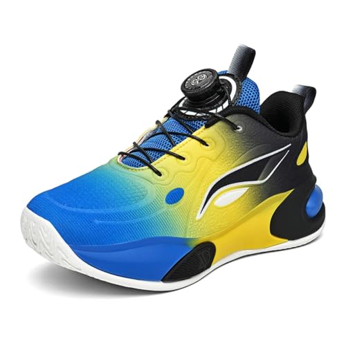 Sixfox Jugend Basketballschuhe Atmungsaktiv Jungen Sportschuhe Mädchen Laufschuhe Sportschuhe mit Drehschnalle Atmungsaktiv Modisch Leicht SportsBlau und GelbEU32 von Sixfox