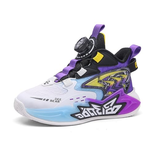 Sixfox Jugend Basketballschuhe Atmungsaktiv Jungen Sportschuhe Mädchen Laufschuhe Sportschuhe mit Drehschnalle Atmungsaktiv Modisch Leicht SportsSchwarz LilaEU38 von Sixfox
