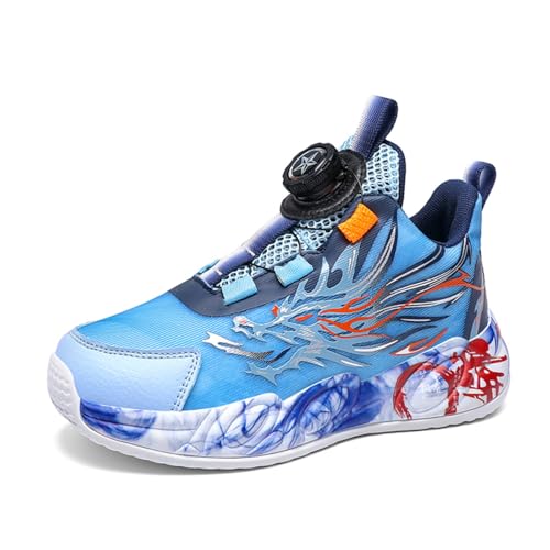 Sixfox Jugend Basketballschuhe Atmungsaktiv Jungen Sportschuhe Mädchen Laufschuhe Sportschuhe mit Drehschnalle Atmungsaktiv Modisch Leicht Sportschuhe Blau37 von Sixfox