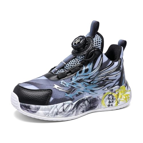 Sixfox Jugend Basketballschuhe Atmungsaktiv Jungen Sportschuhe Mädchen Laufschuhe Sportschuhe mit Drehschnalle Atmungsaktiv Modisch Leicht Sportschuhe Schwarz34 von Sixfox
