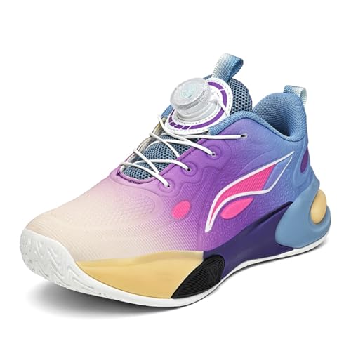 Sixfox Jugend Basketballschuhe Atmungsaktiv Jungen Sportschuhe Mädchen Laufschuhe Sportschuhe mit Drehschnalle Atmungsaktiv Modisch Leicht SportschuheLila und BlauEU31 von Sixfox