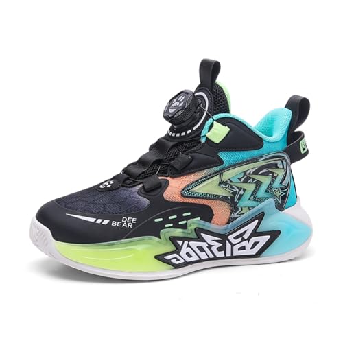 Sixfox Jugend Basketballschuhe Atmungsaktiv Jungen Sportschuhe Mädchen Laufschuhe Sportschuhe mit Drehschnalle Atmungsaktiv Modisch Leicht SportschuheSchwarz GrünEU38 von Sixfox