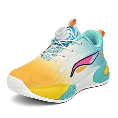 Sixfox Jugend Basketballschuhe Atmungsaktiv Jungen Sportschuhe Mädchen Laufschuhe Sportschuhe mit Drehschnalle Atmungsaktiv Modisch Leicht SportschuheWeiß und GelbEU32 von Sixfox