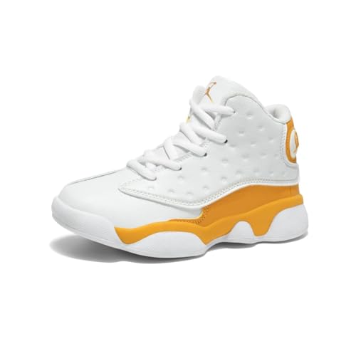 Sixfox Jugend Basketballschuhe High-Top Sportschuhe Kinder Knöchelhohe Sportschuhe Outdoor Basketballschuhe Trainingsschuhe rutschfest und Atmungsaktiv 526Weiß-Gelb39EU von Sixfox