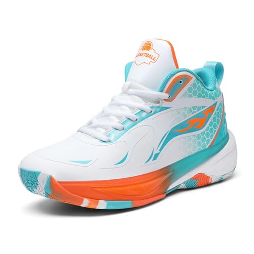 Sixfox Kampftrainingsschuhe Sportschuhe Basketballschuhe rutschfeste atmungsaktive Laufschuhe für Erwachsene in Übergröße9669Weiß-MondorangeEU43 von Sixfox