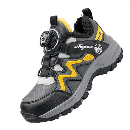 Sixfox Kinder Barfußschuhe Unisex Winter Wasserdicht Outdoor Winter Kinderschuhe Winterschuhe Jungen Mädchen wasserdichte Wanderstiefel 8522Schwarz-GelbEU31 von Sixfox