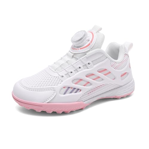 Sixfox Kinder Fußballschuhe Fitnessschuhe Jungen Laufschuhe Mädchen Straßenlaufschuhe Modisch Leicht Atmungsaktiv rutschfeste Drehknöpfe weiß rosa32 von Sixfox