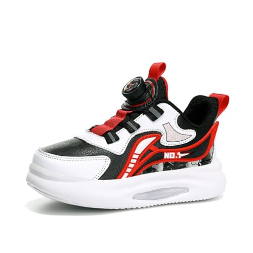 Sixfox Kinderschuhe Atmungsaktiv Jungen Sportschuhe Mädchen Laufschuhe Turnschuhe mit Drehknopf Atmungsaktiv Mode Leicht Turnschuhe F1805Schwarz-Rot35 von Sixfox