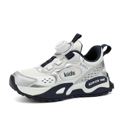 Sixfox Kinderschuhe Laufschuhe Junge Mädchen Kinder Turnschuhe Leicht Mode Atmungsaktiv Mesh Sneakers Sportschuh mit Drehknopfe K0079-2Silbergrau36 von Sixfox