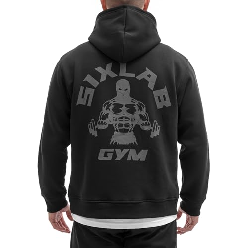 Sixlab Oversize Gym Hoodie Herren Sweatshirt Bodybuilding Sport Fitness Pullover Loose Fit (S, Black/Grey) von Sixlab