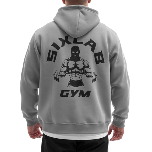 Sixlab Oversize Gym Hoodie Herren Sweatshirt Bodybuilding Sport Fitness Pullover Loose Fit (XL, Grey/Black) von Sixlab